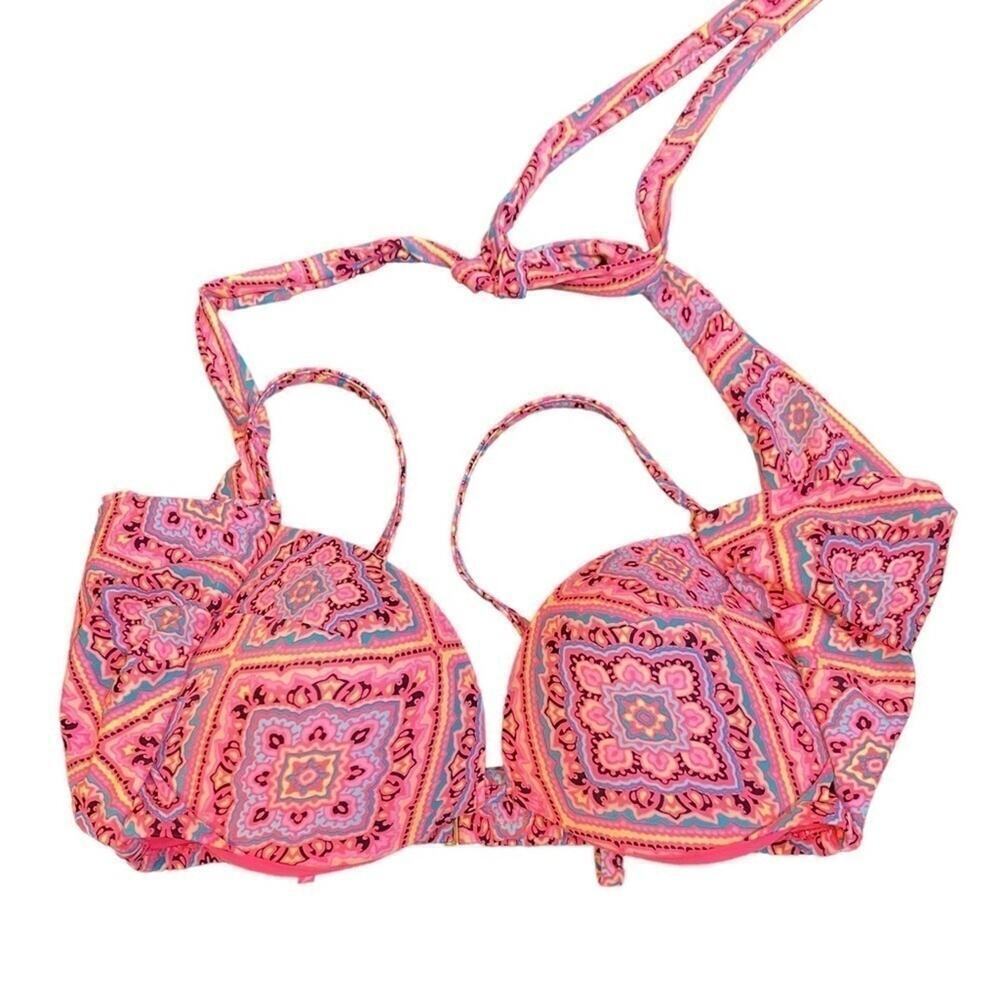 Shade & Shore Women's Bright Pink Floral Wrap Swimsuit Bikini Top Size 34 D